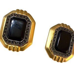 Judith Jack Black Gold & Marcasite Clip-On Statement Vintage Earrings